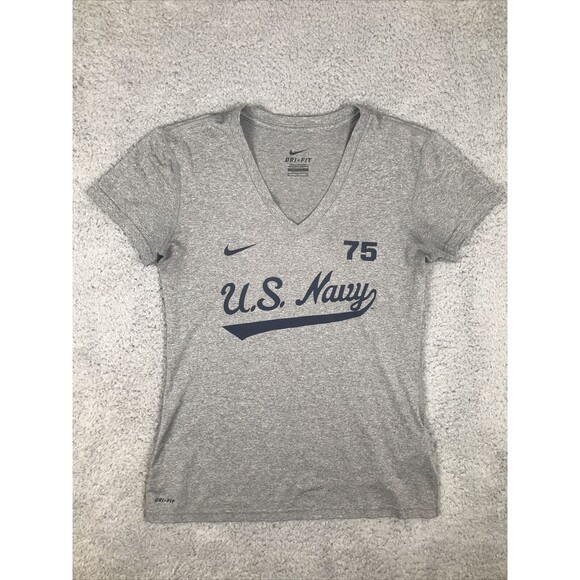Nike Dri Fit U.S. Navy V Neck T Shirt Womens Size Small Gray Athletic Logo - Picture 1 of 8